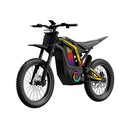 Freego Nova 4 electric dirt bike shown in a front three-quarter view with transparent background.