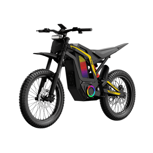 Freego Nova 4 electric dirt bike shown in a front three-quarter view with transparent background.