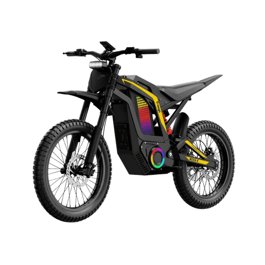 Freego Nova 4 electric dirt bike shown in a front three-quarter view with transparent background.