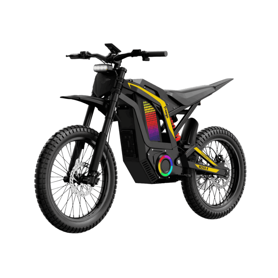 Freego Nova 4 electric dirt bike shown in a front three-quarter view with transparent background.
