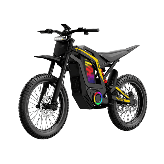 Freego Nova 4 electric dirt bike front side view with off-road tires and full suspension