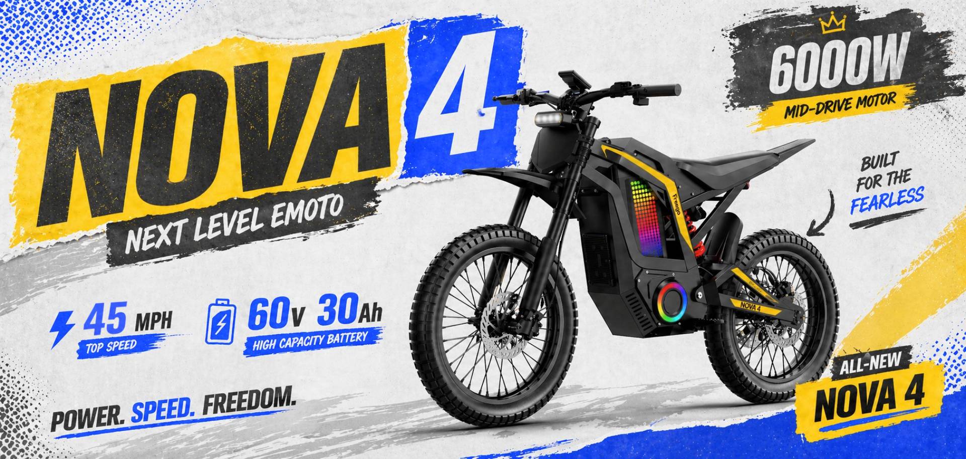 Freego Nova 4 mid-drive electric dirt bike with 6000W motor, 43mph top speed and 60V 30Ah battery, built for off-road performance