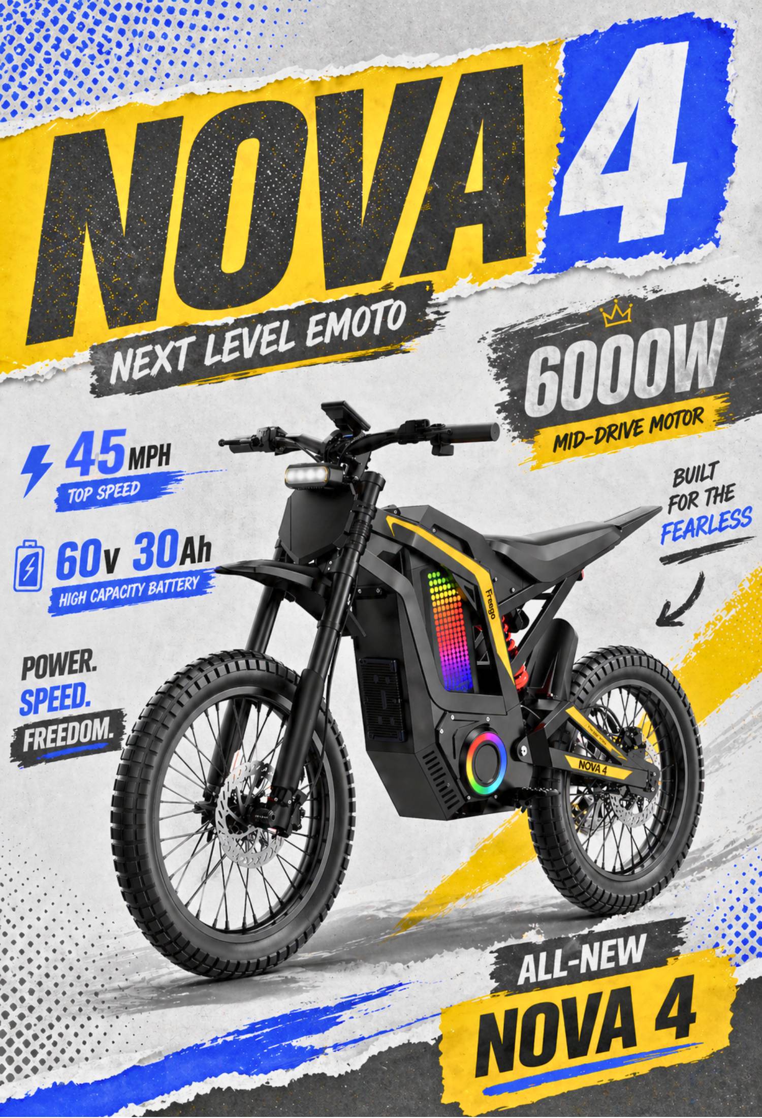 Freego Nova 4 mid-drive electric dirt bike with 6000W motor, 43mph top speed and 60V 30Ah battery, built for off-road performance