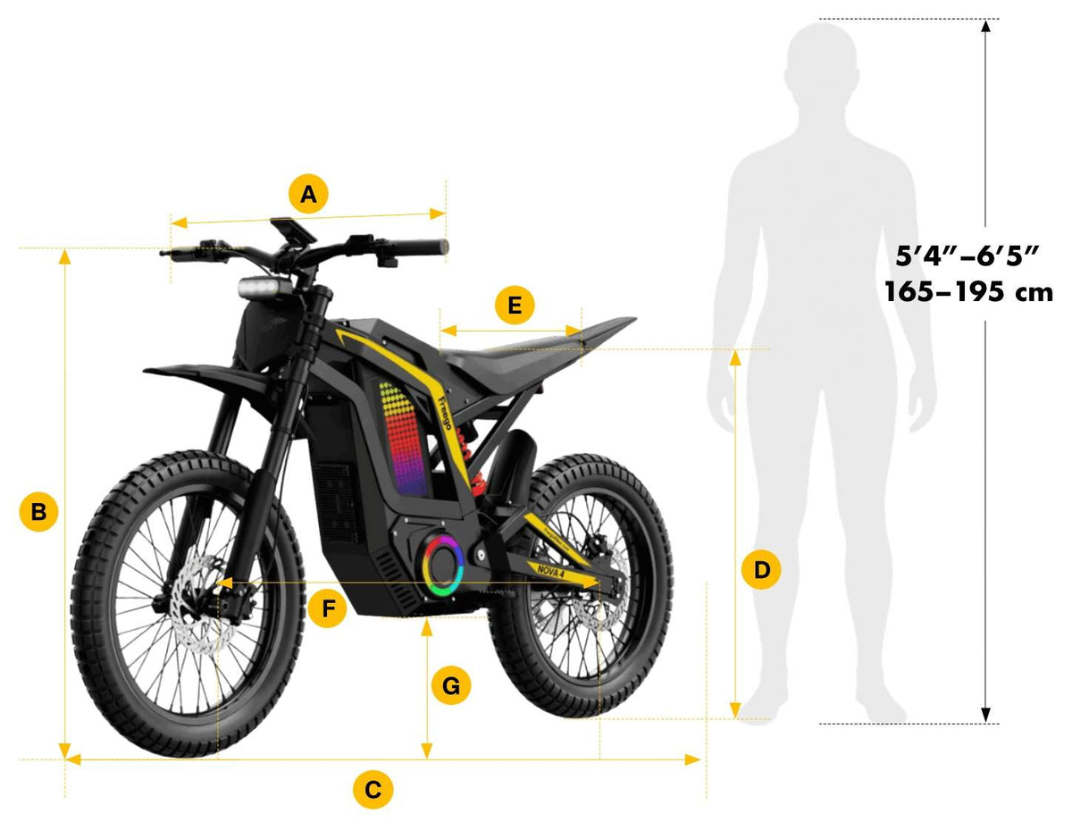 Freego Nova 4 electric dirt bike dimensions and recommended rider height guide