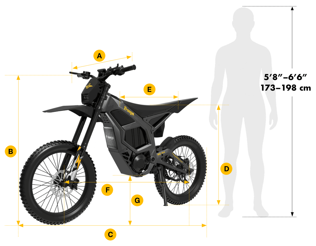 Freego Nova 5 electric dirt bike dimensions and recommended rider height guide