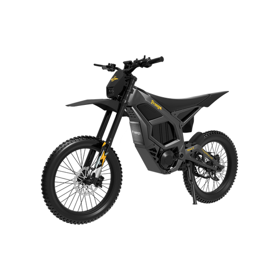 Front angle shot of the Freego Nova 5 Pro black model, showcasing the front fork suspension and aggressive mountain e-bike aesthetics