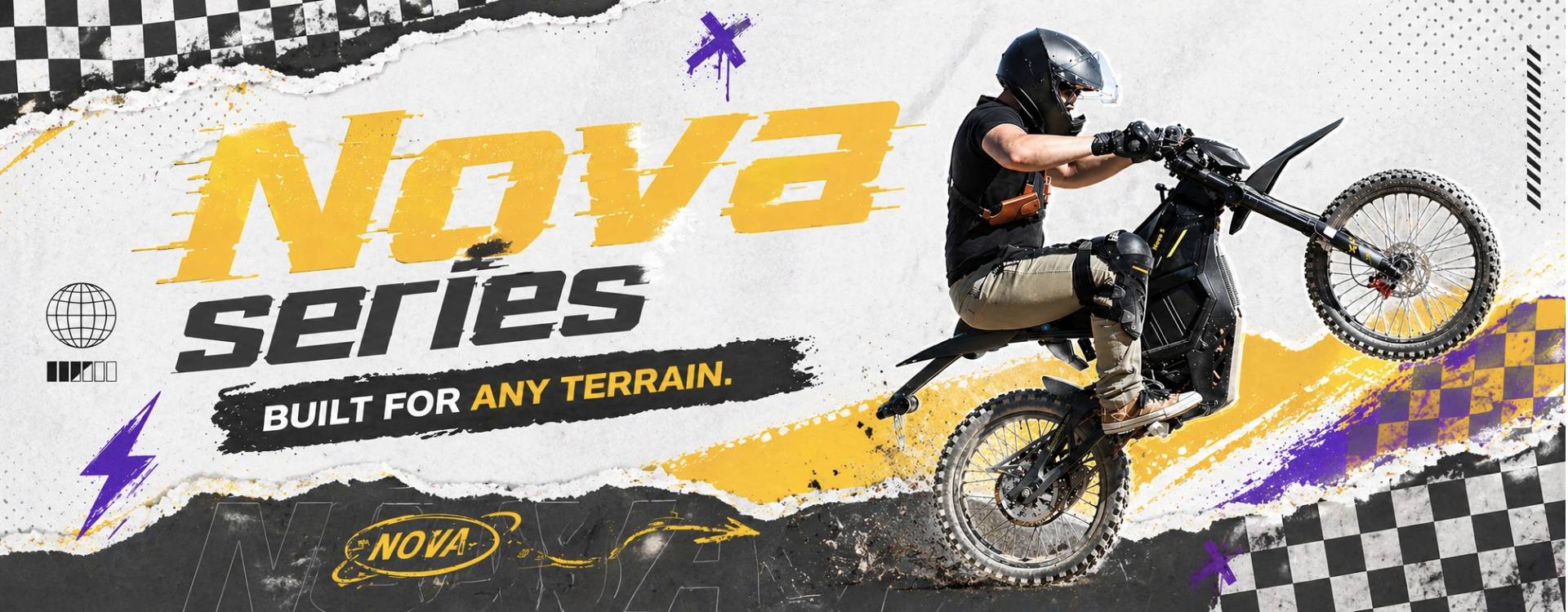 Promotional graphic for Freego Nova series dirt bike with rider on a checkered background