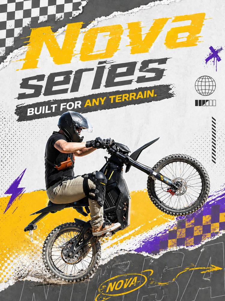 Promotional graphic for Freego Nova Series dirt bike with rider on bike, checkered pattern.
