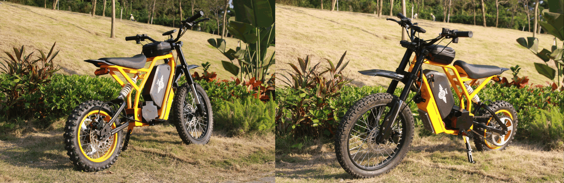 Yellow and black off-road motorcycle on a grassy field with plants in the background