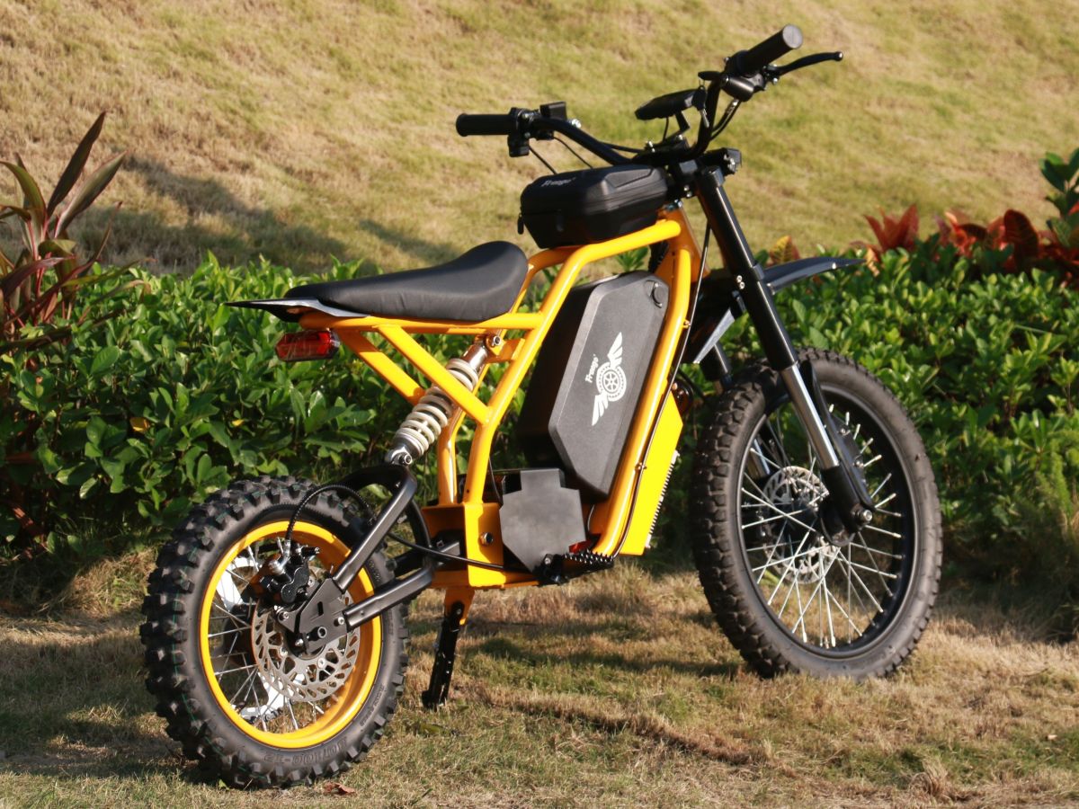 Yellow electric bike on a grassy area with plants in the background