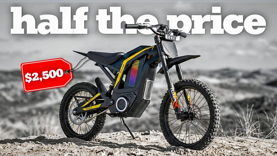 YouTube thumbnail for Volted Adventures featuring Freego Nova4 electric dirt bike with desert wilderness background and price tag graphic