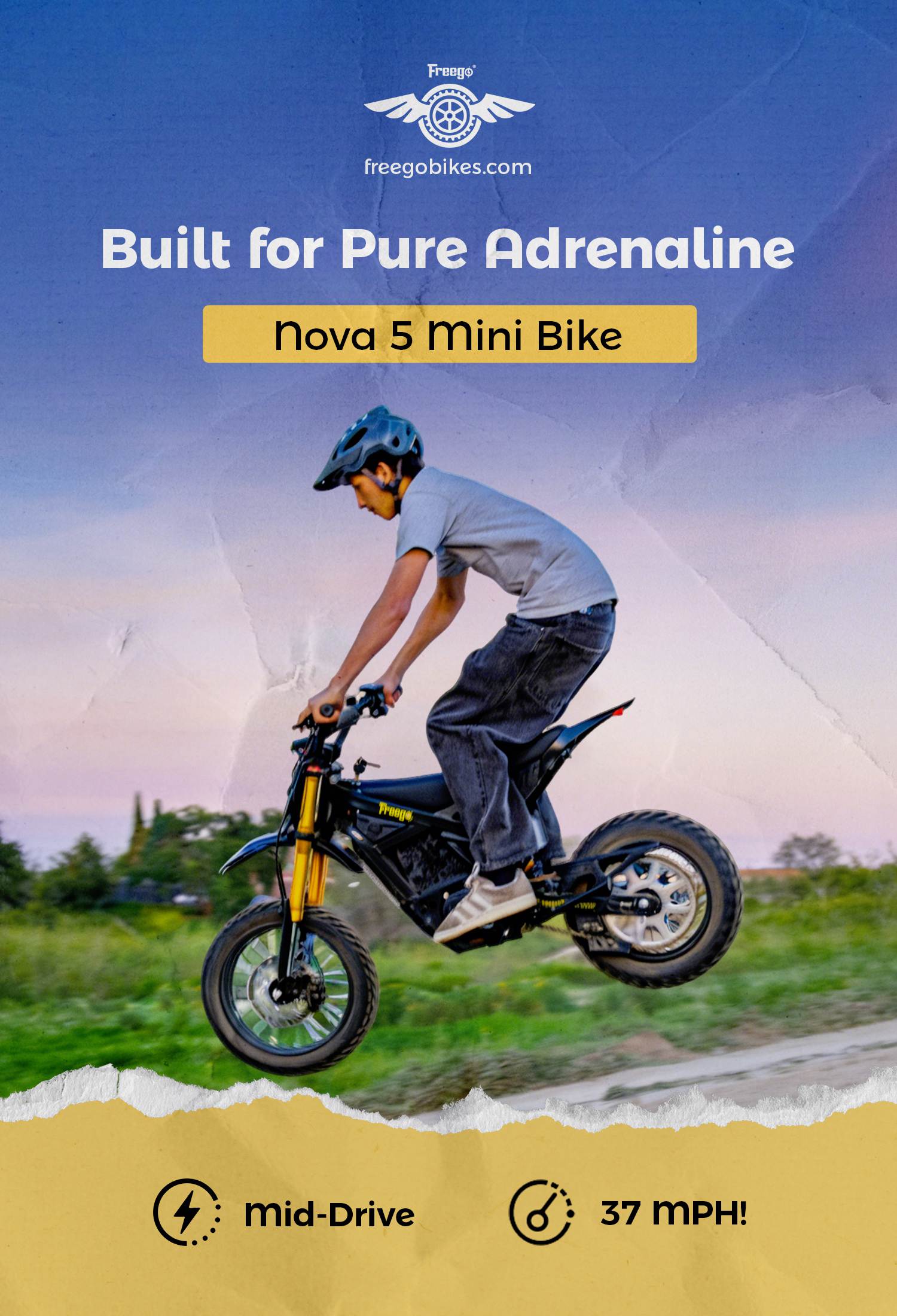 Person riding a Freego Nova 5 Mini ebike while jumping, showcasing mid-drive power and 37 MPH speed in an outdoor scene.