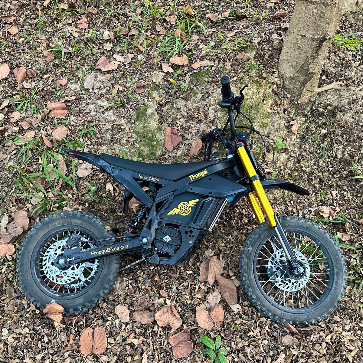 Nova 5 Mini ebike on a ground with leaves and grass