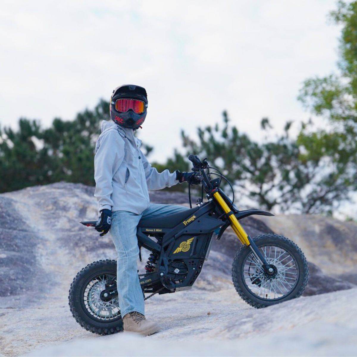 Person on a Nova 5 Mini ebike in a snowy landscape with trees in the background