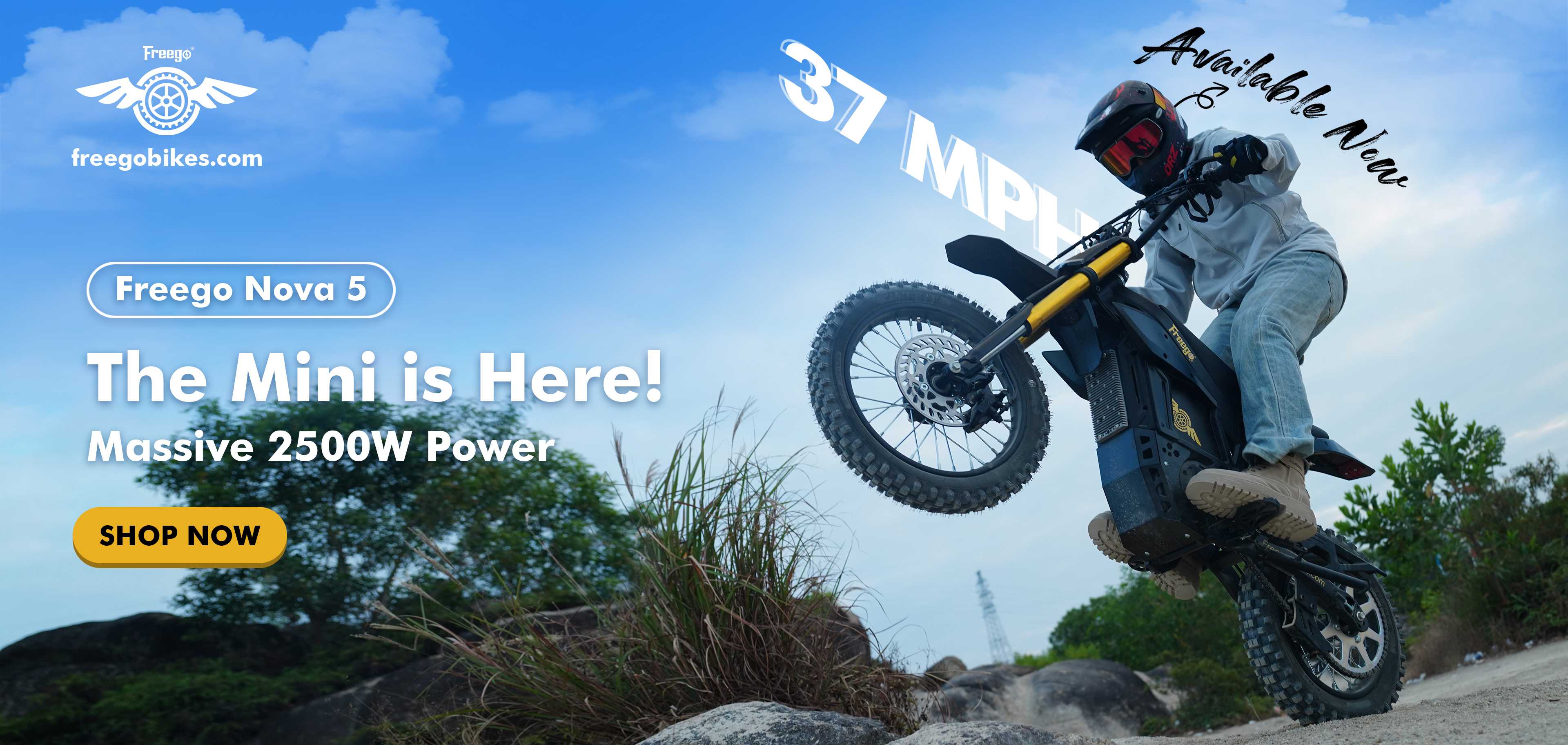 Person riding a Freego Nova 5 Mini bike with promotional text about the bike's features and power.