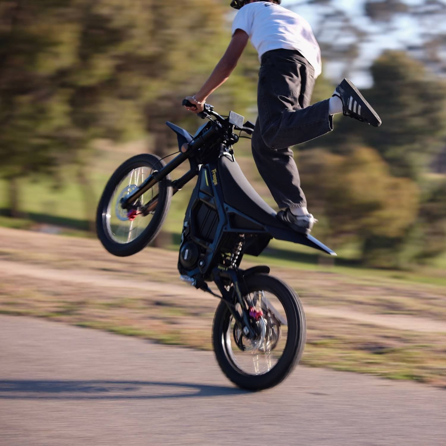 Rider performing one-legged wheelie stunt on Freego Nova5 electric dirt bike with motion-blurred background