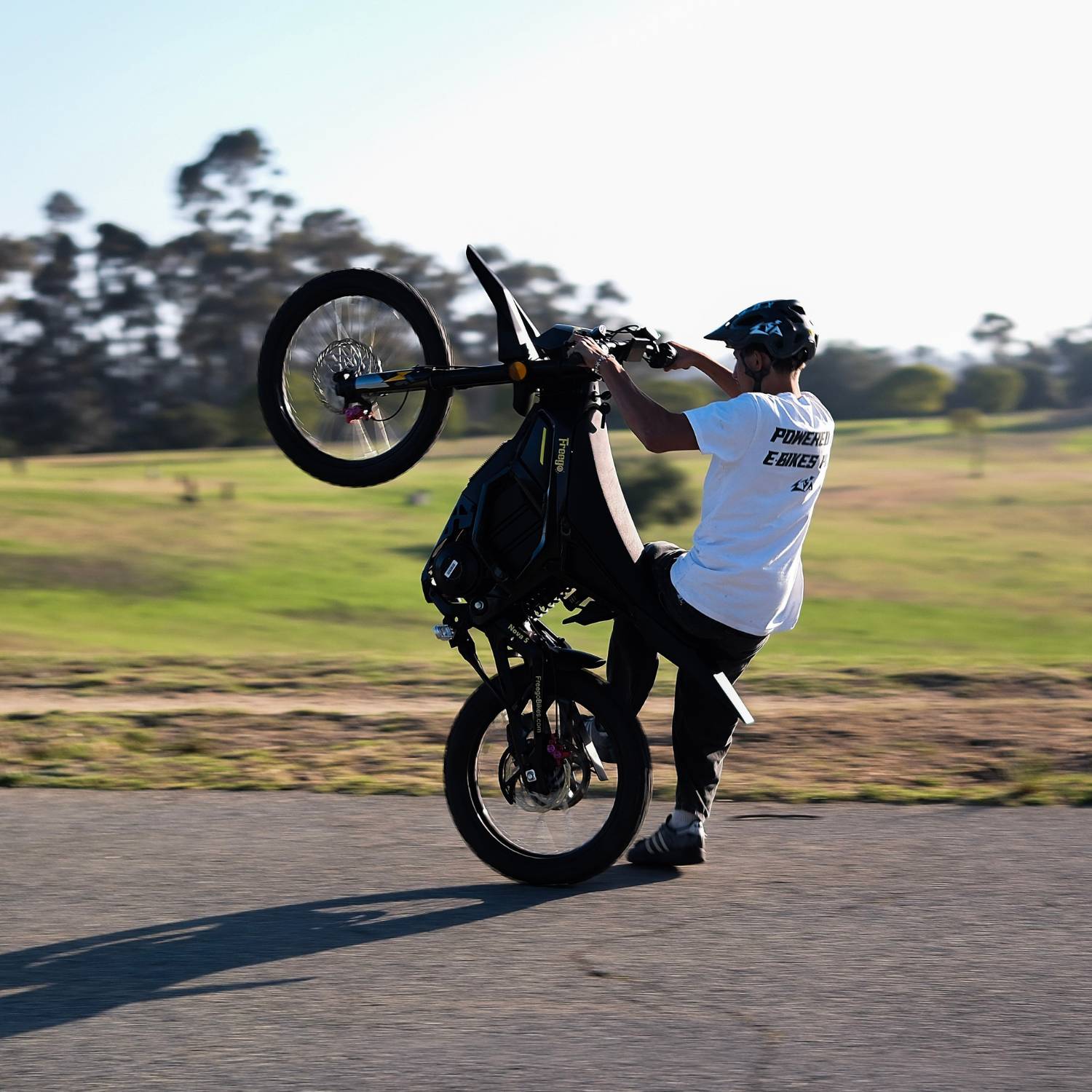 Rider doing wheelie on Freego Nova5 electric dirt bike, back view with open grassland background
