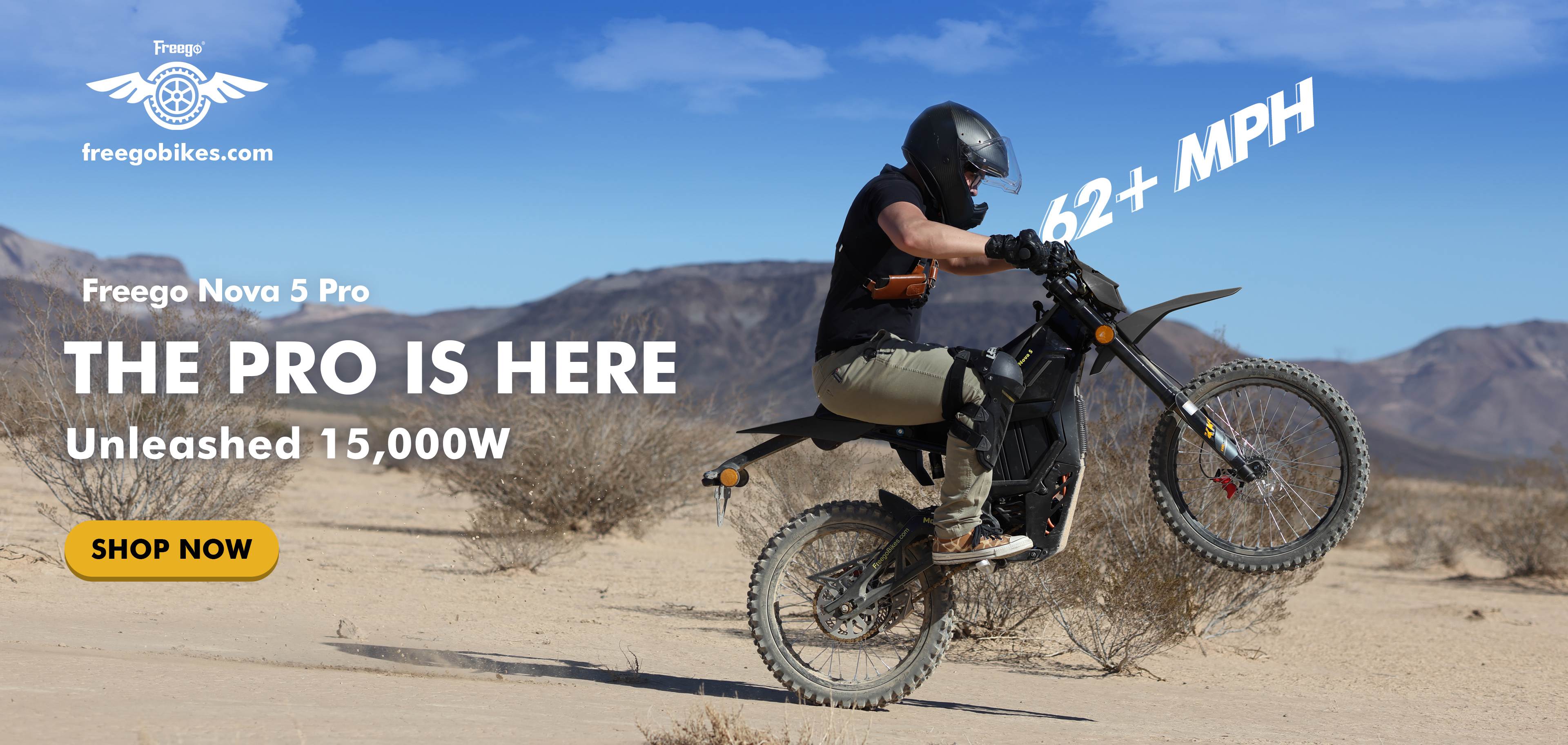 The Nova 5 Pro Motorcycle with mountainous background and product details on a banner