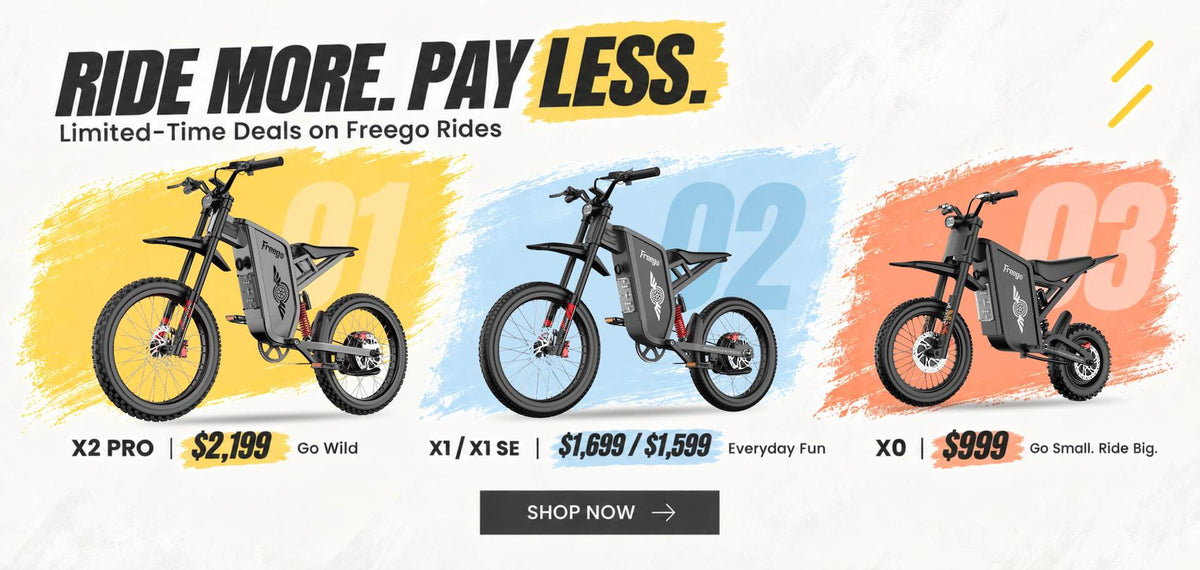Desktop banner for the Freego Ride More Pay Less sale: X2 Pro $2,199, X1 $1,699, X1 SE $1,599, and X0 $999