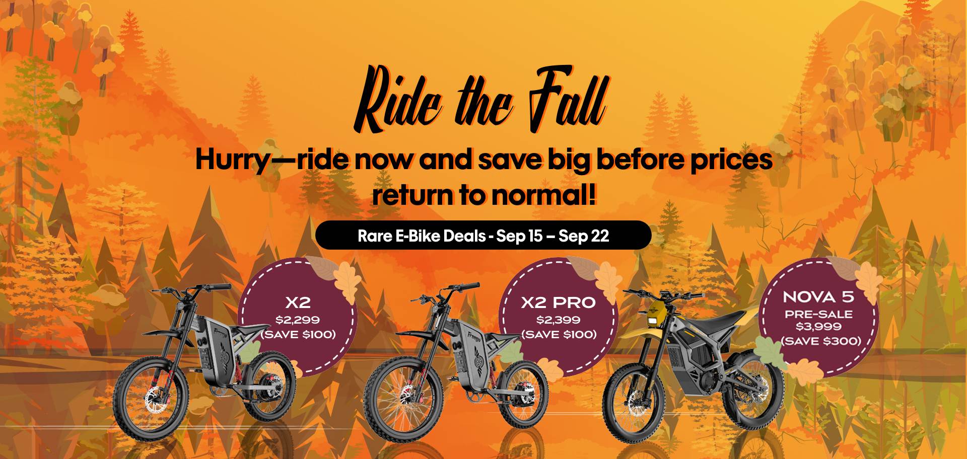 Freego Ride the Fall Sale desktop banner with seasonal design and promotional text