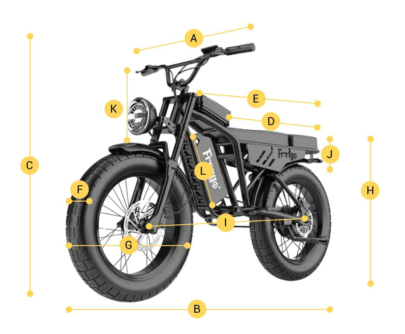 Freego Shotgun Lite F0 electric bike dimension diagram showing length, height, and width measurements