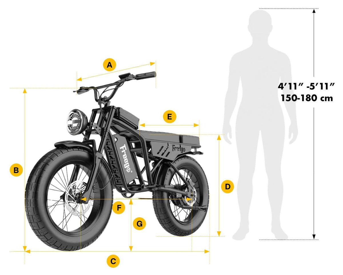 Freego Shotgun Lite F0 electric bike dimensions and recommended rider height guide