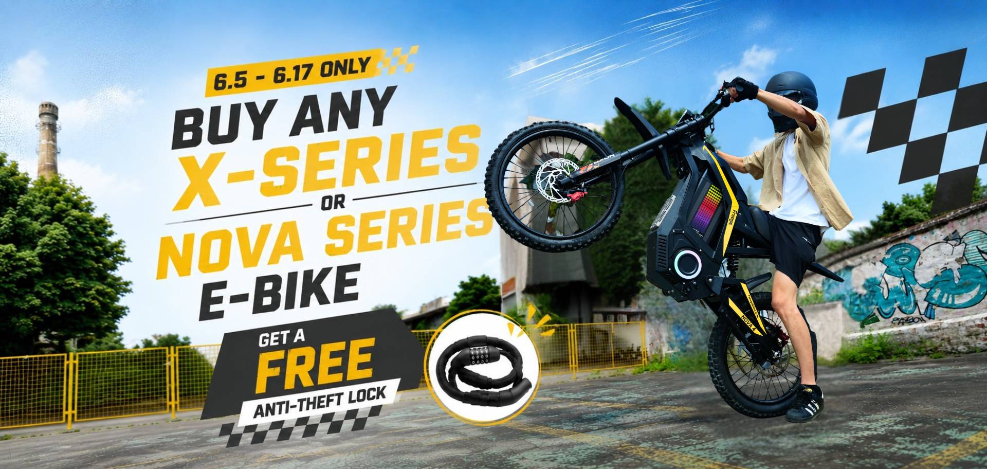 Freego Summer Sale banner featuring a rider performing a wheelie on a Nova 4 electric bike. 