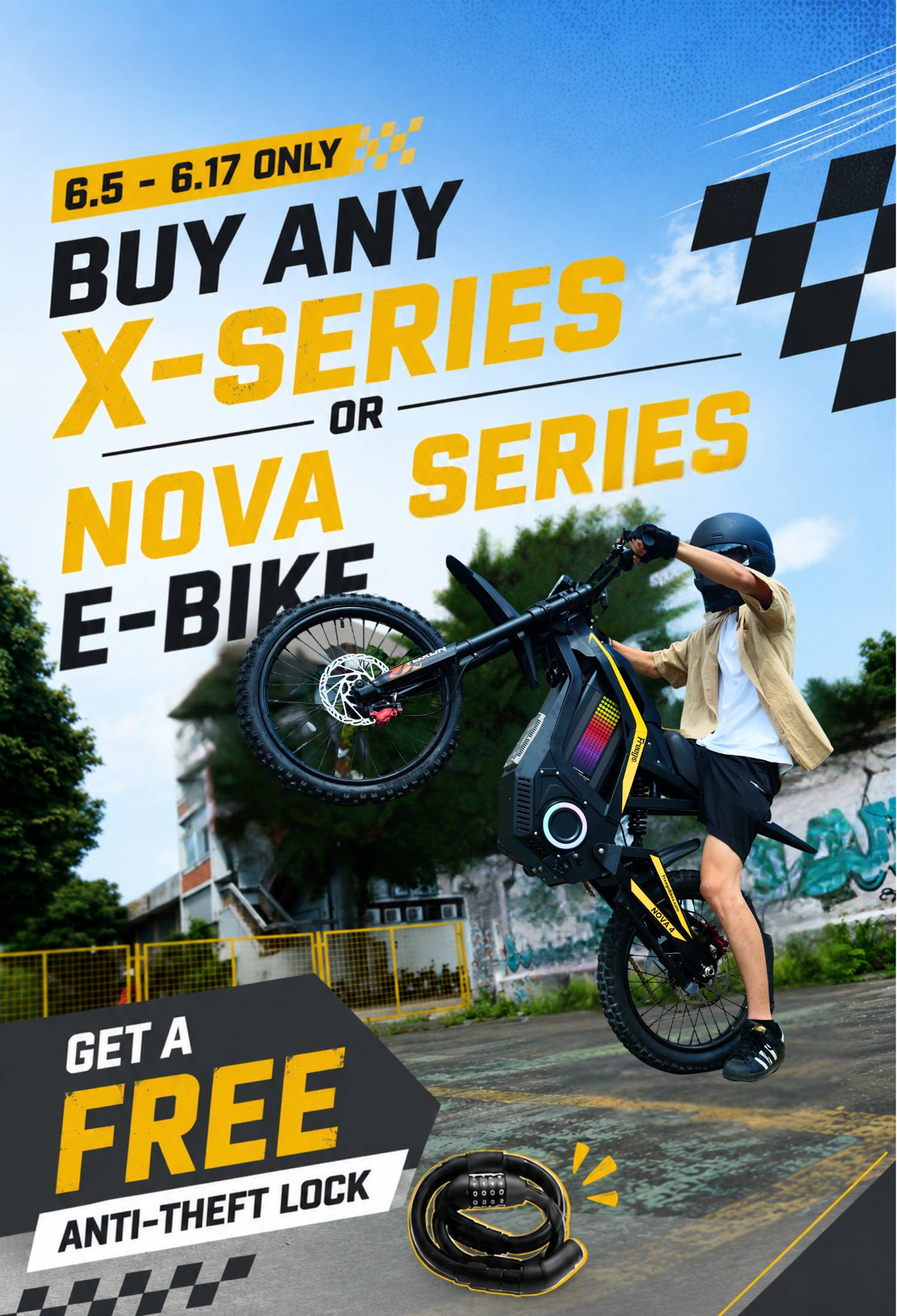 Freego Summer Sale banner featuring a rider performing a wheelie on a Nova electric bike. 