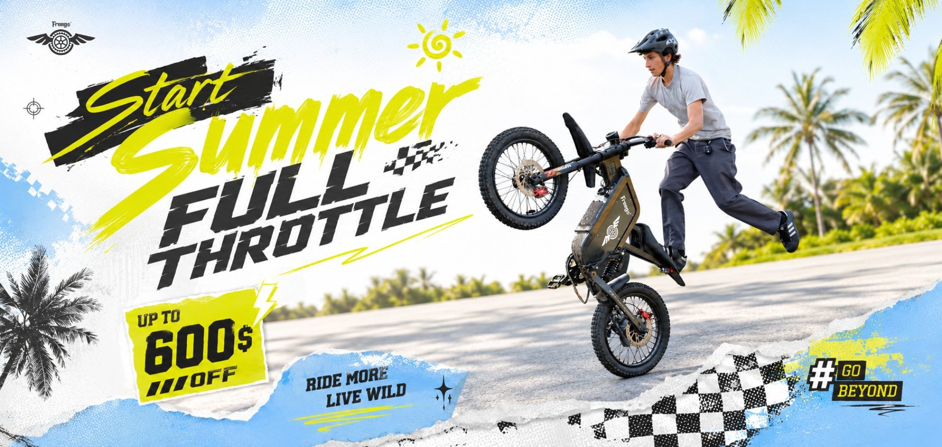 Freego summer banner featuring a rider performing a wheelie with up to $600 off promotion for desktop