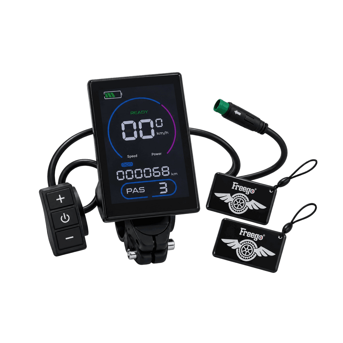 Freego upgraded color LCD display for X-MAN Series electric bikes, featuring a digital speedometer, control buttons, and two included NFC key cards.