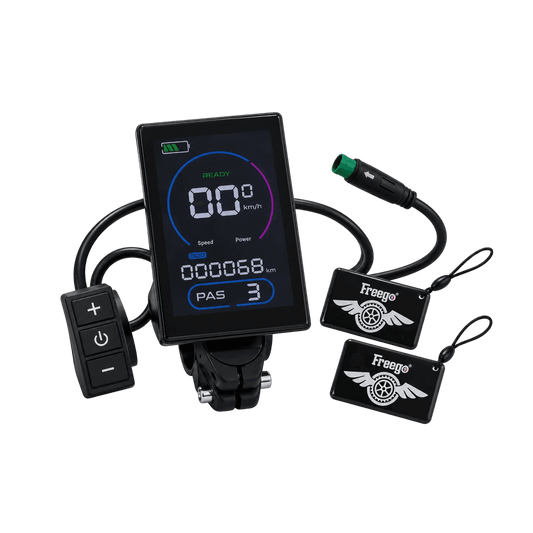 Freego upgraded color LCD display for X-MAN Series electric bikes, featuring a digital speedometer, control buttons, and two included NFC key cards.