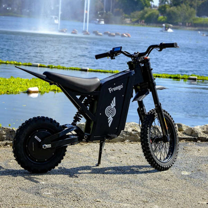 Freego X0 Electric Mini Bike for Teens and Adults — full bike lakeside profile view