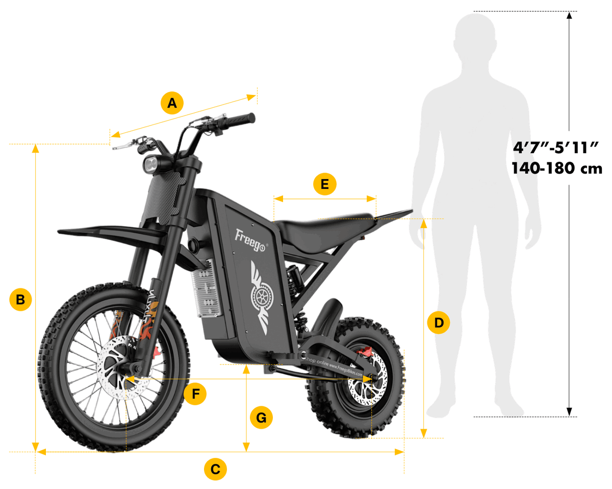 Freego X0 electric mini bike dimensions and recommended rider height guide
