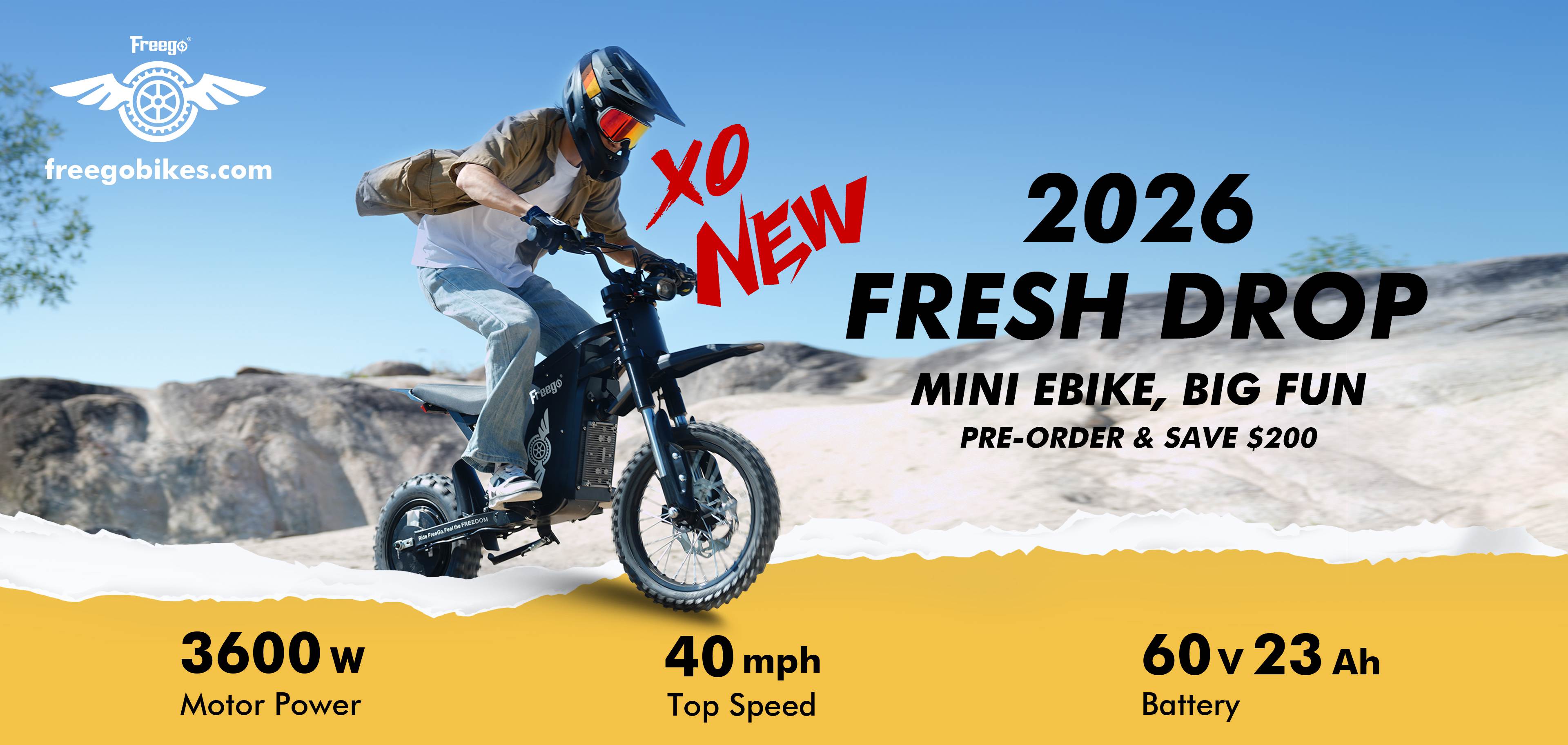 Person riding a X0 mini electric bike with promotional text.