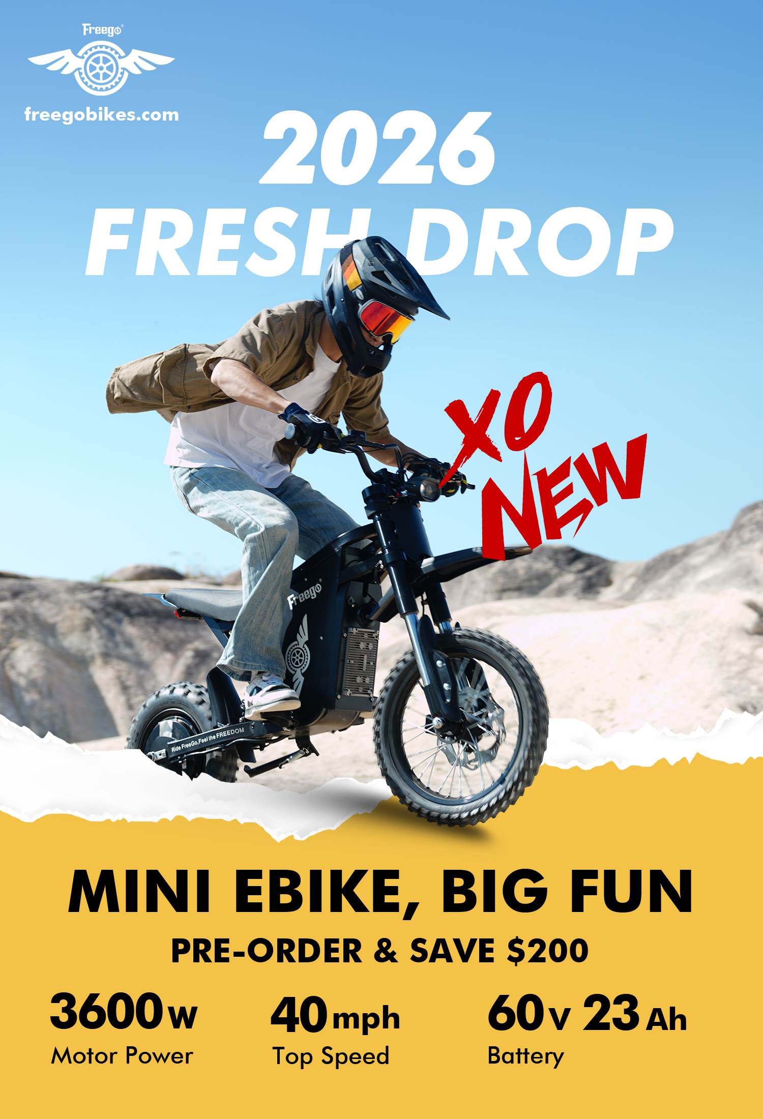 Promotional poster for a 2026 X0 mini e bike with a rider on a mountain.