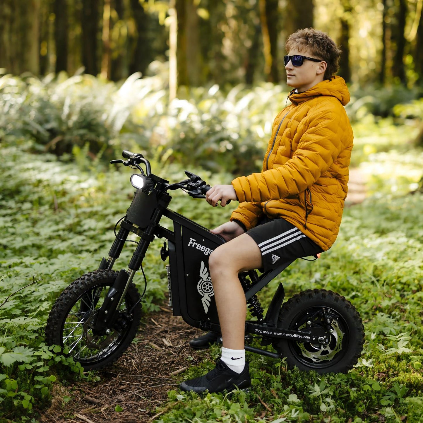 Rider on a Freego X0 exploring a forest trail, highlighting outdoor adventure and off-road riding experience.