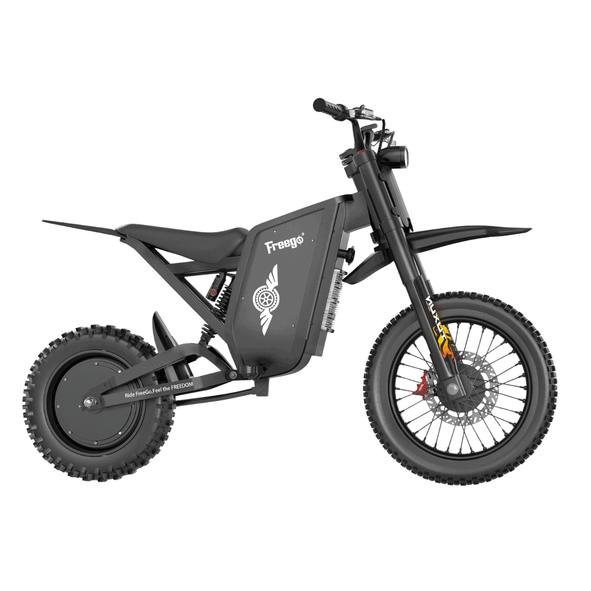 Freego X0 mini electric dirt bike, full side view studio shot