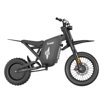 Freego X0 mini electric dirt bike, full side view studio shot