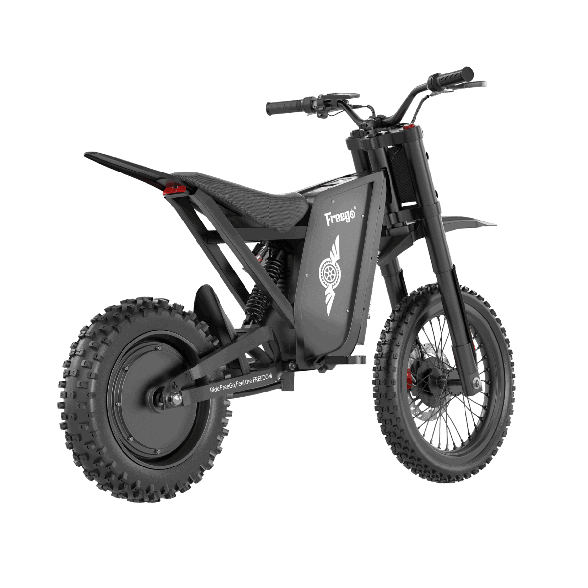 Freego X0 mini electric dirt bike, rear three-quarter view studio shot