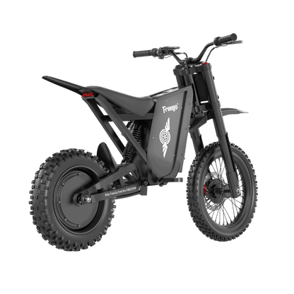 Freego X0 mini electric dirt bike, rear three-quarter view studio shot