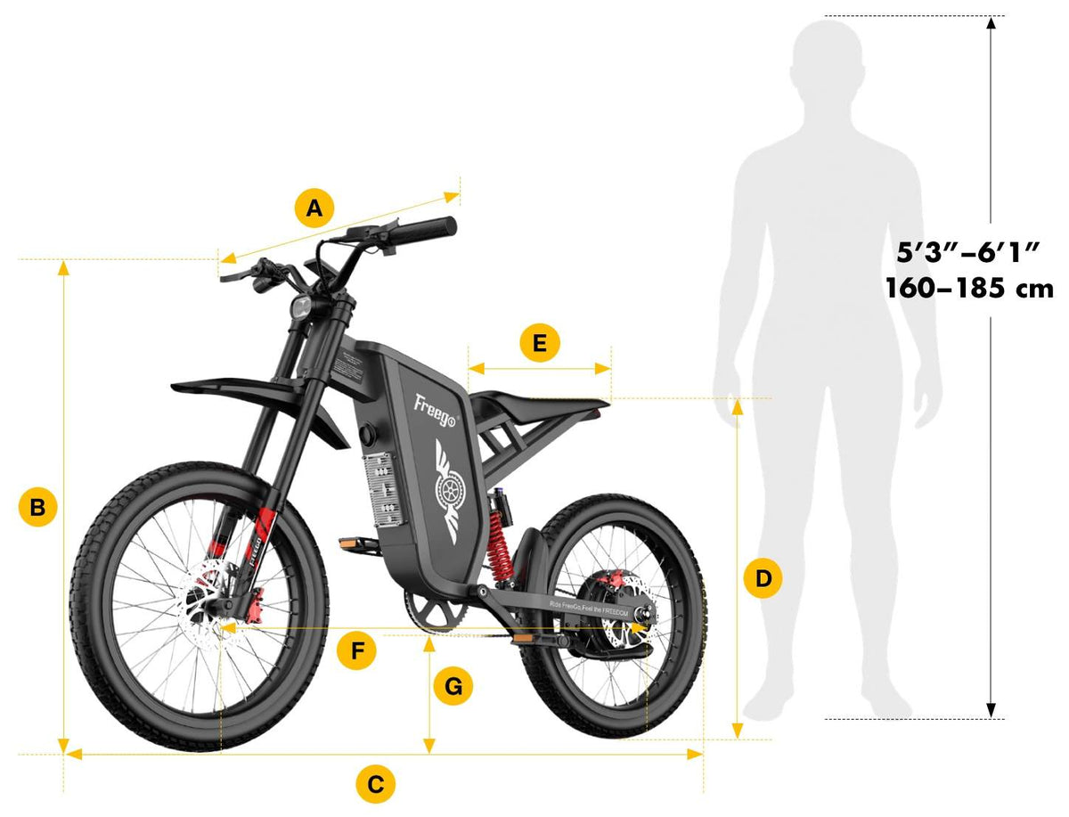Freego X1 electric dirt bike dimensions and recommended rider height guide
