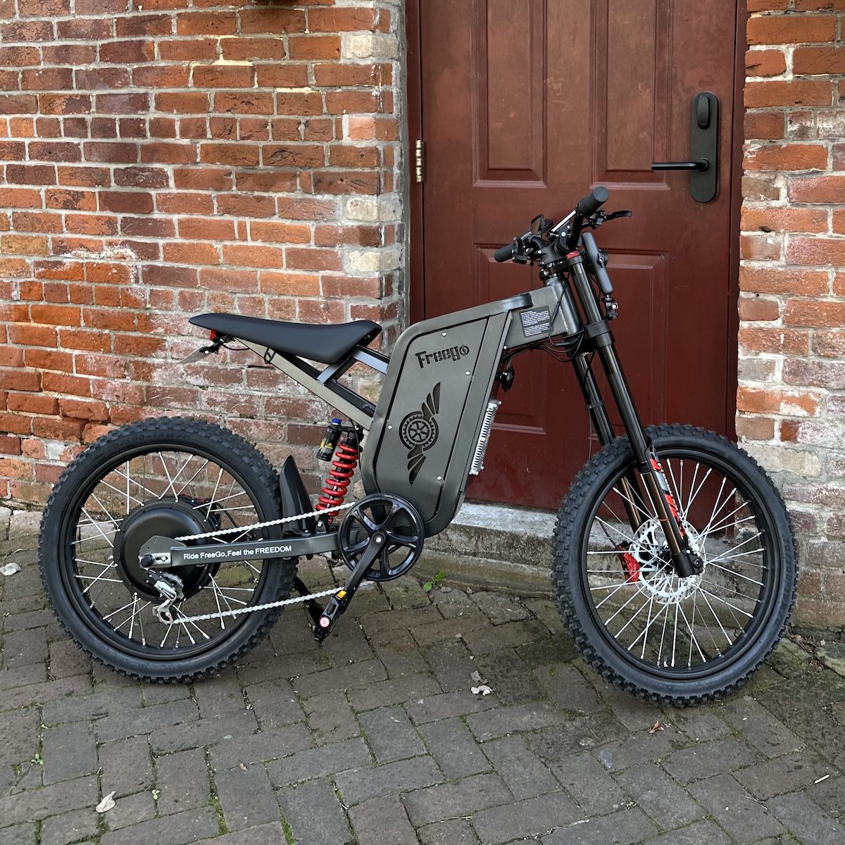 Freego X2 dirt ebike parked in front of a brick wall and wooden door