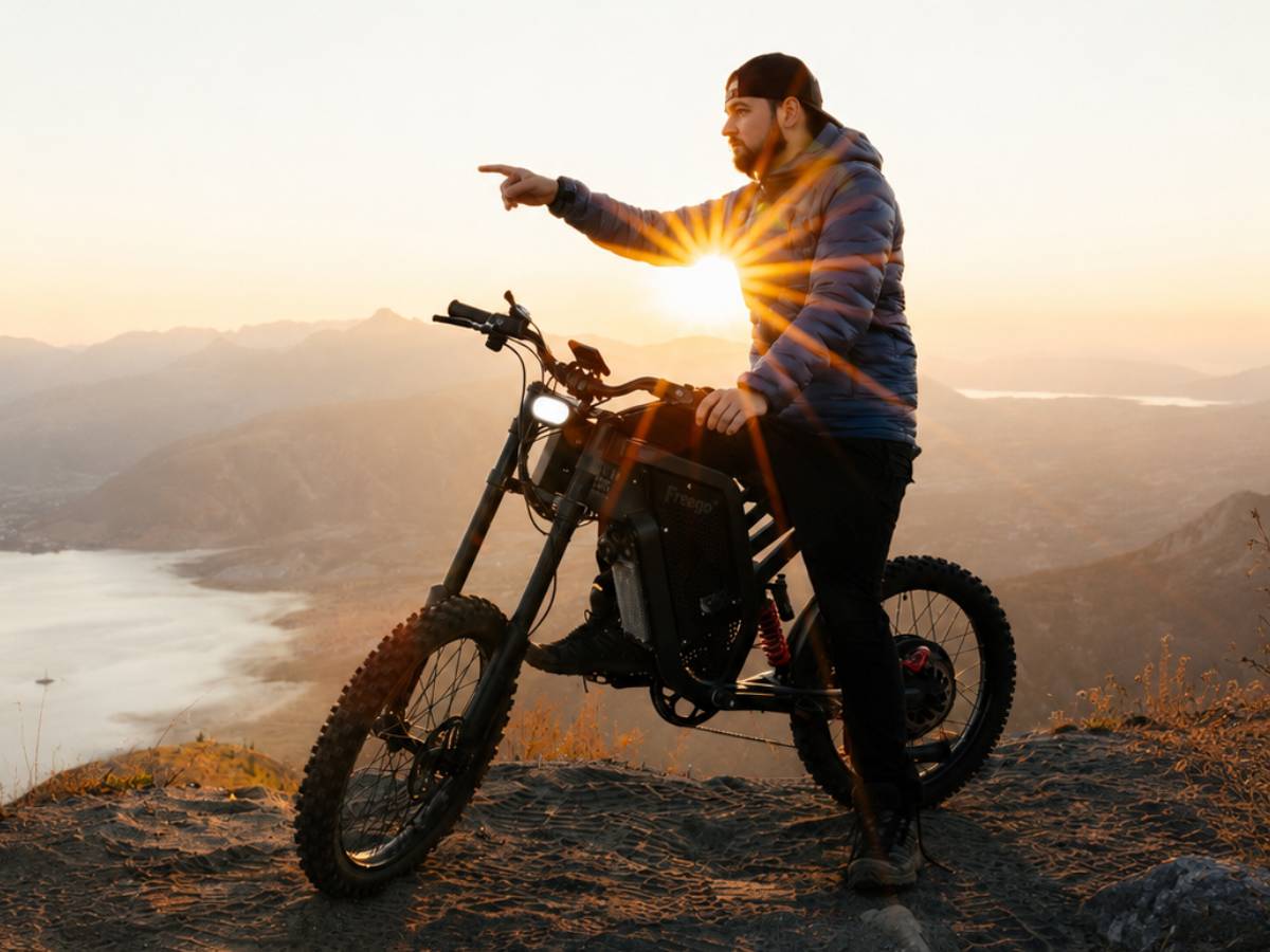 Rider on the Freego X2 ebike riding at sunset.