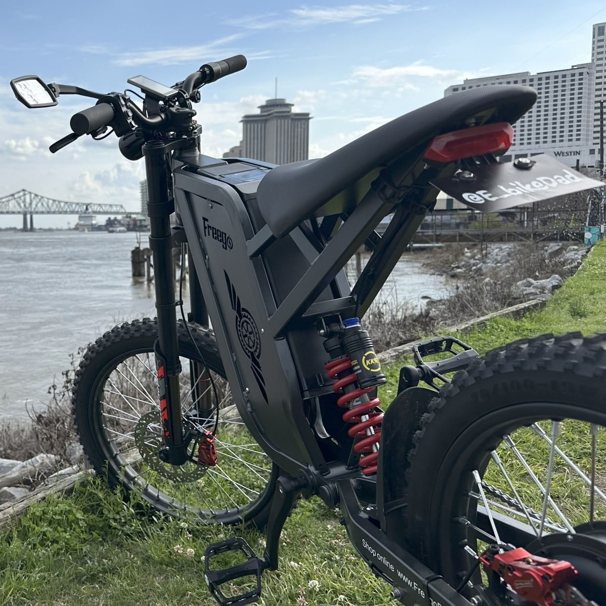 Electric bike with red suspension forks on a grassy area near a waterfront with buildings and a bridge in the background.
