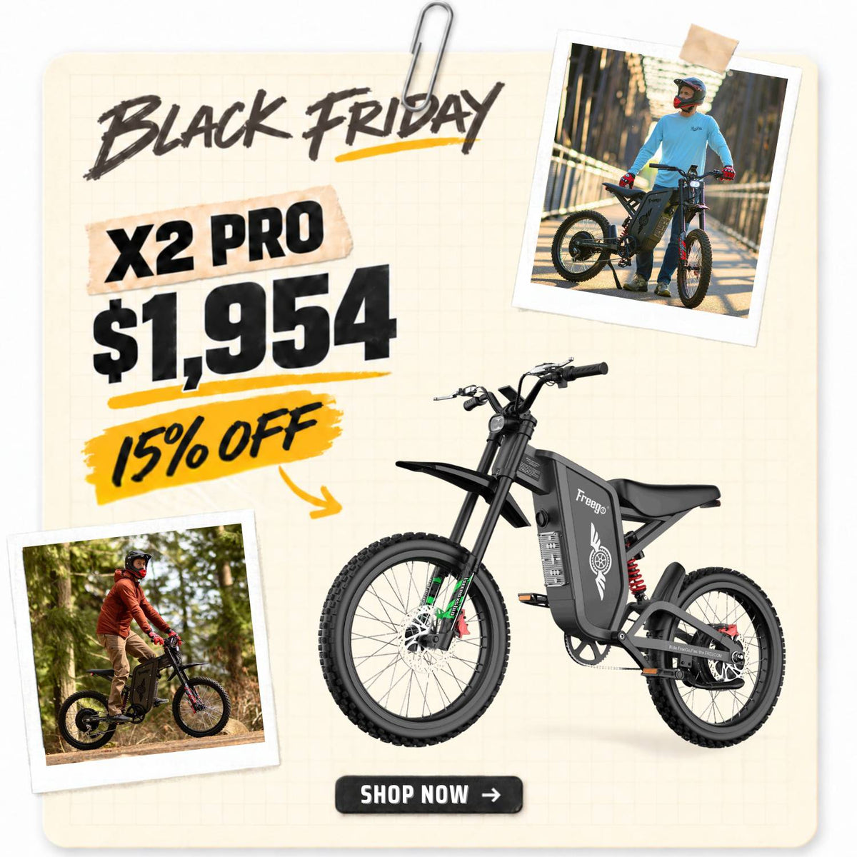 Freego X2 Pro Black Friday sale graphic featuring a $1,954 price and 15% off.