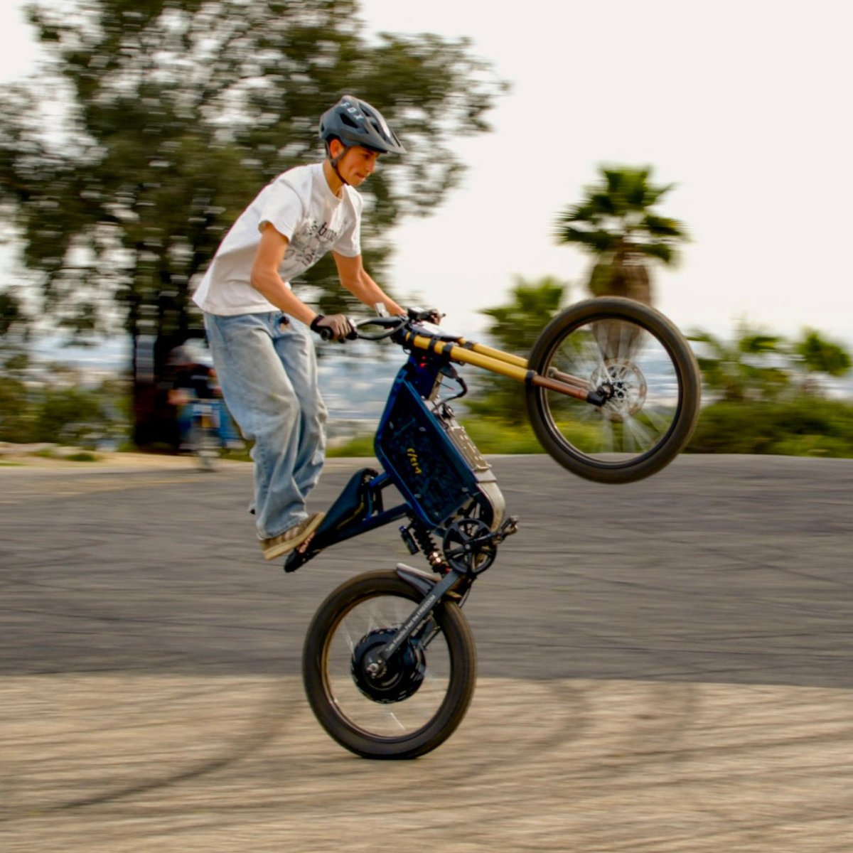 Person performing a wheelie on a X2 Pro dirt bike with trees in the background