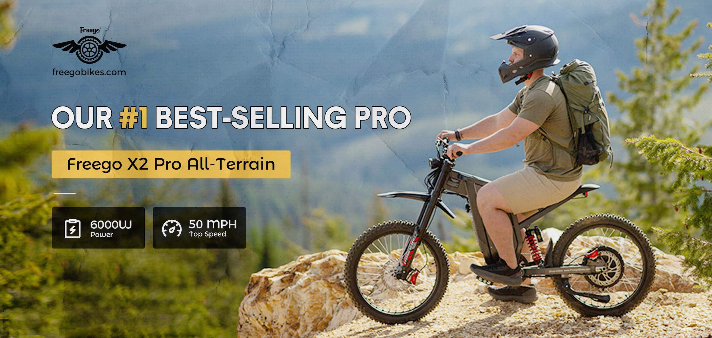 Person riding a Freego X2 Pro All-Terrain bike with scenic background