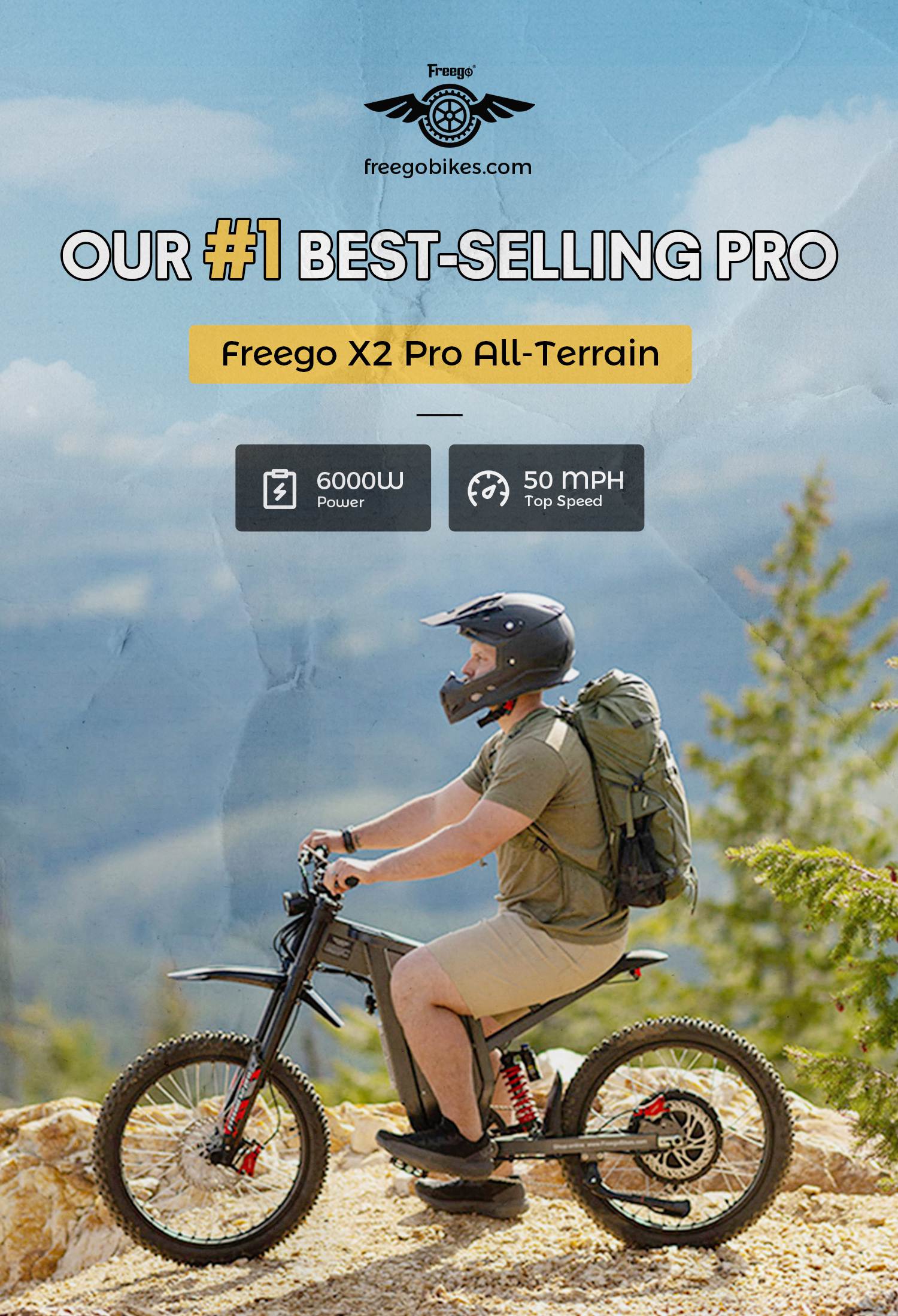 Person riding a Freego X2 Pro All-Terrain bike with scenic background