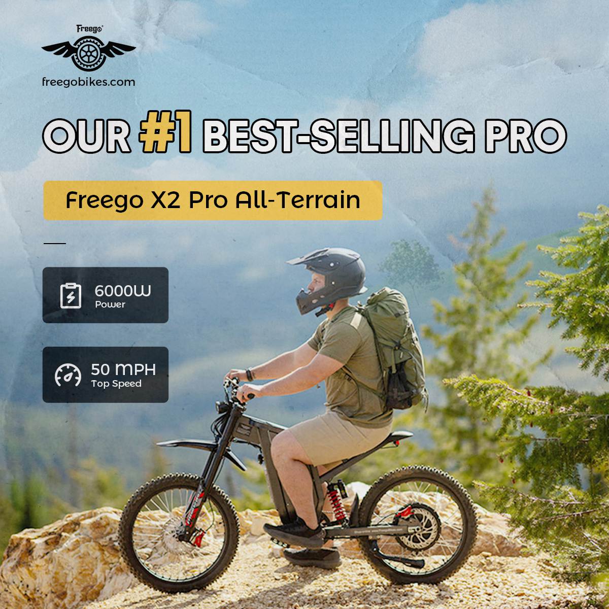 Person riding a Freego X2 Pro All-Terrain bike with scenic background