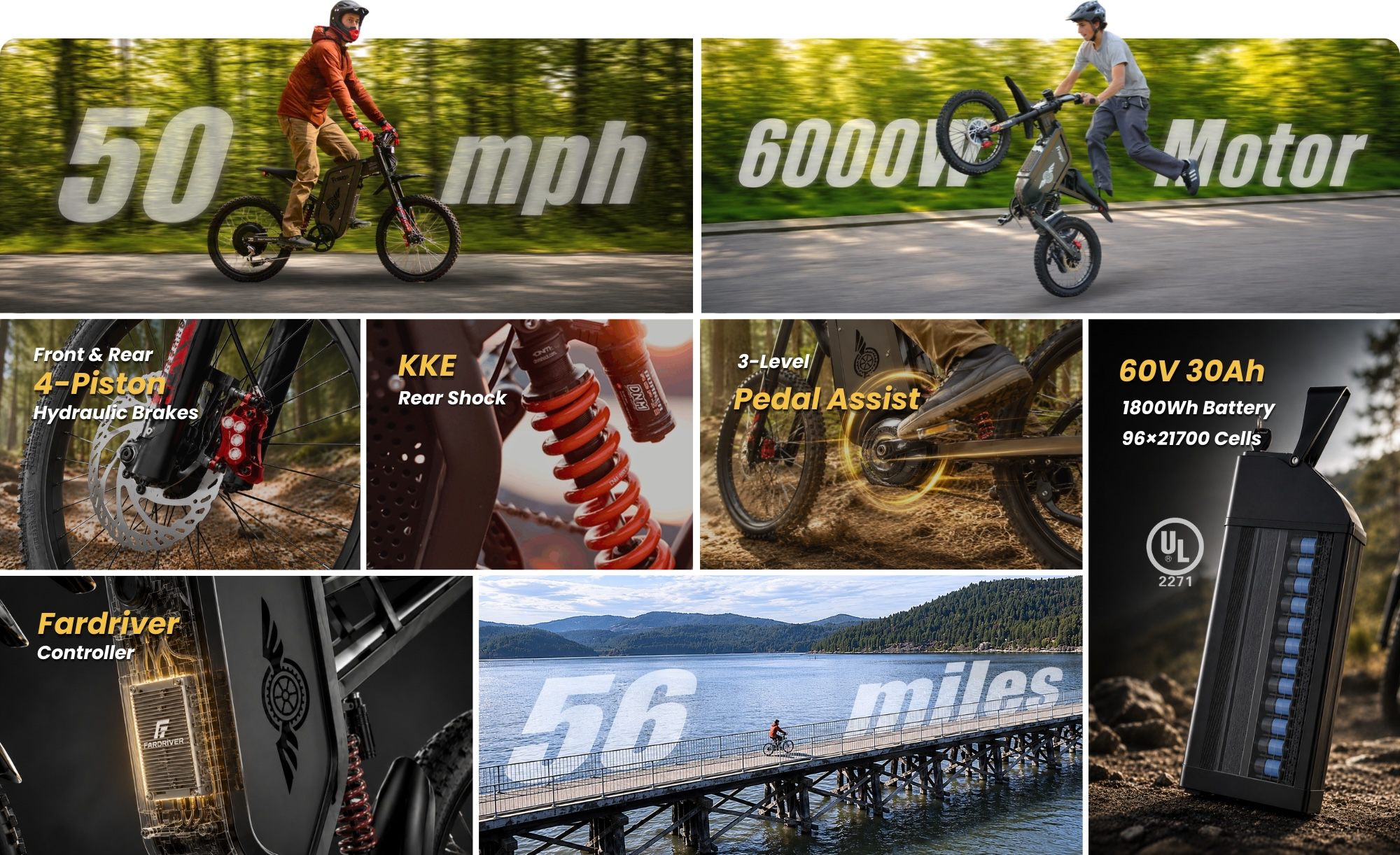 Freego X2 Pro electric bike performance overview featuring 6000W peak motor power, 50 mph top speed.